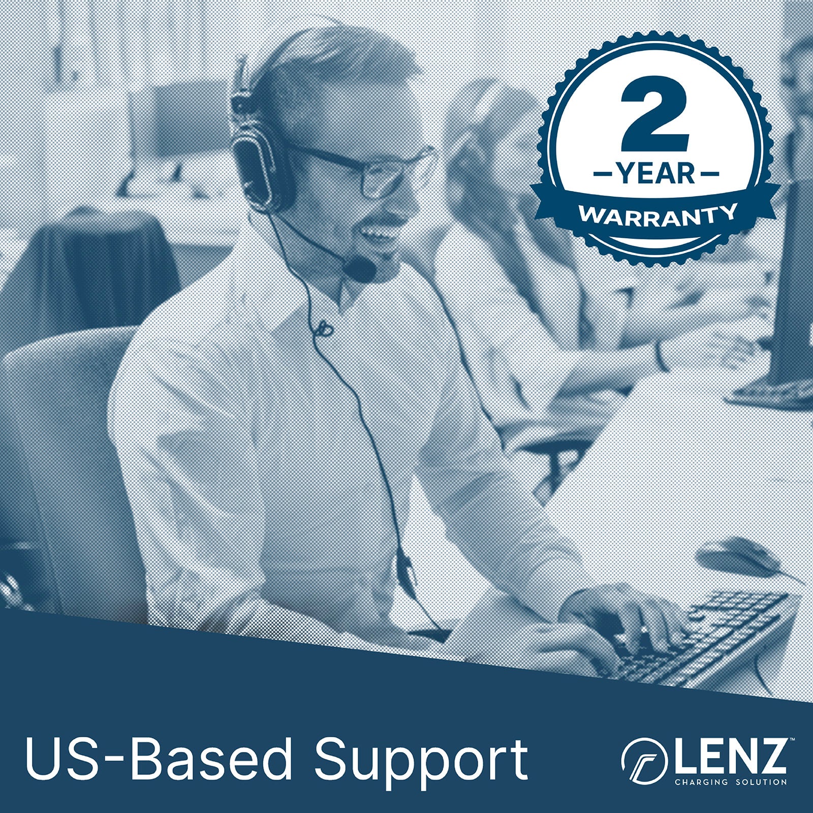 Customer service agent smiling with 2 Year Warranty Assurance Seal and US-Based Customer Support