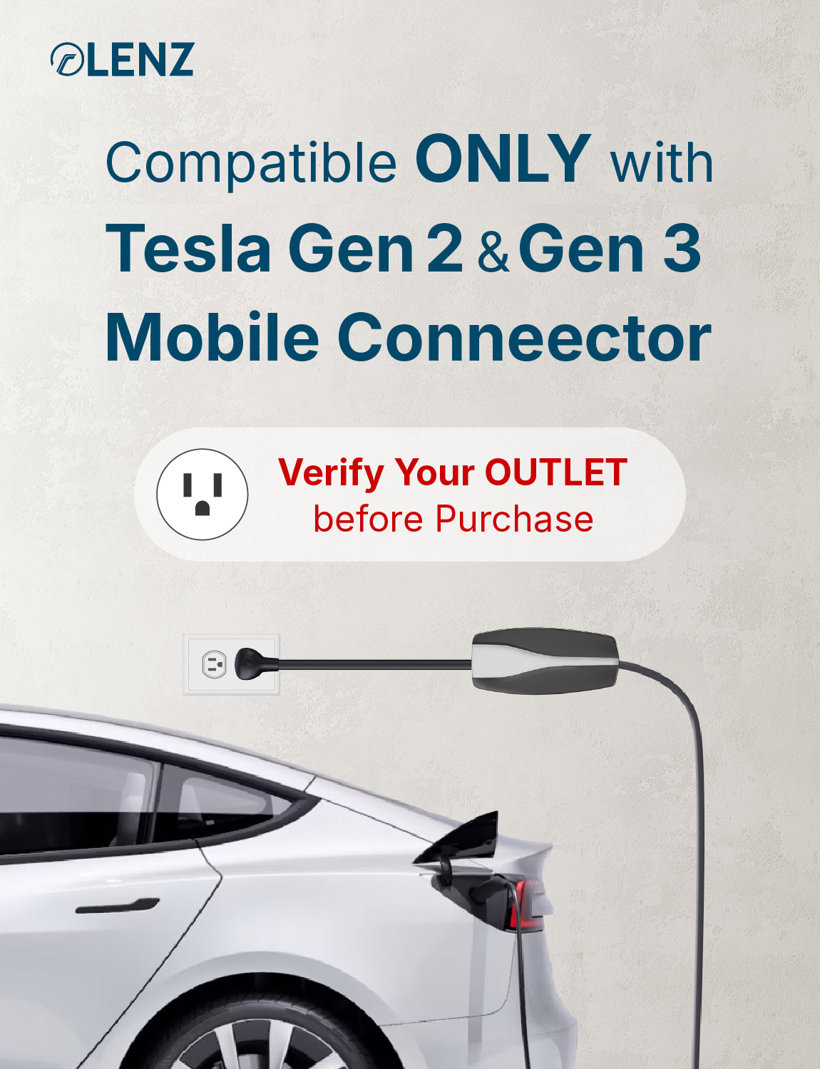 NEMA 5-15 Adapter Compatible with Tesla Gen 2 and Gen 3 Mobile Chargers Standard 10" Length