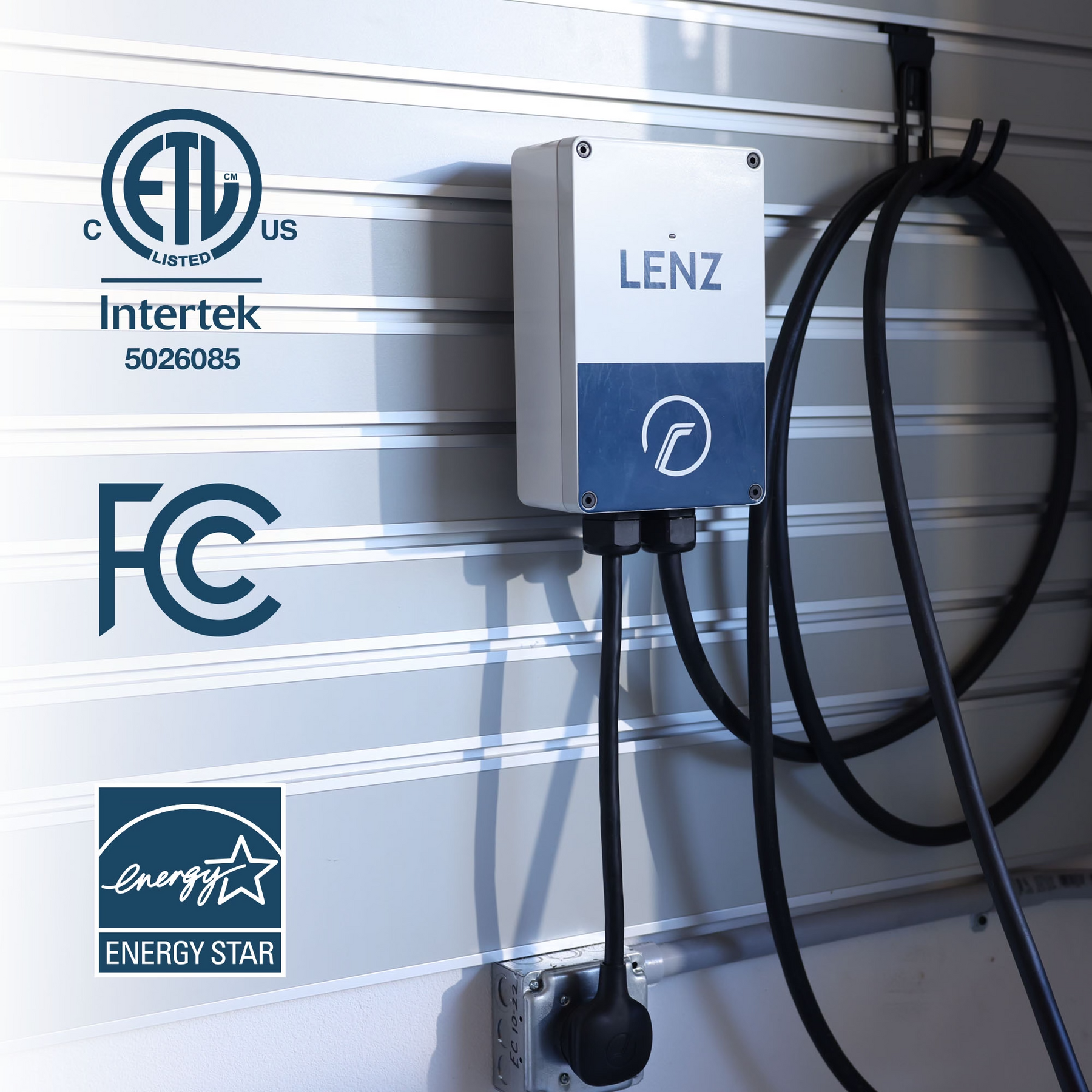LENZ Level 2 Plugin Home Charger plugged into 240 V outlet with ETL Intertek Listing Number 5026085, FCC certification logo, and Energy Star certification logo