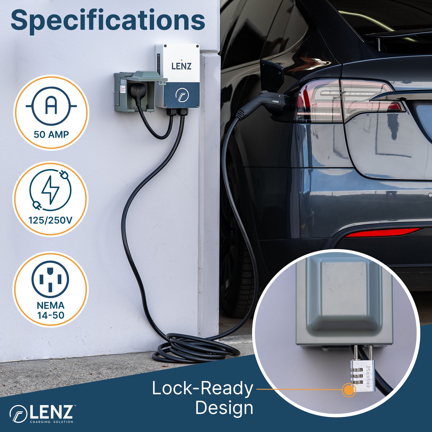 Outdoor Level 2 EV Charger Bundle: LENZ EV Charging Station with Weatherproof Outlet Box, 40A, 240V, ETL Certified, Compatible with all EVs