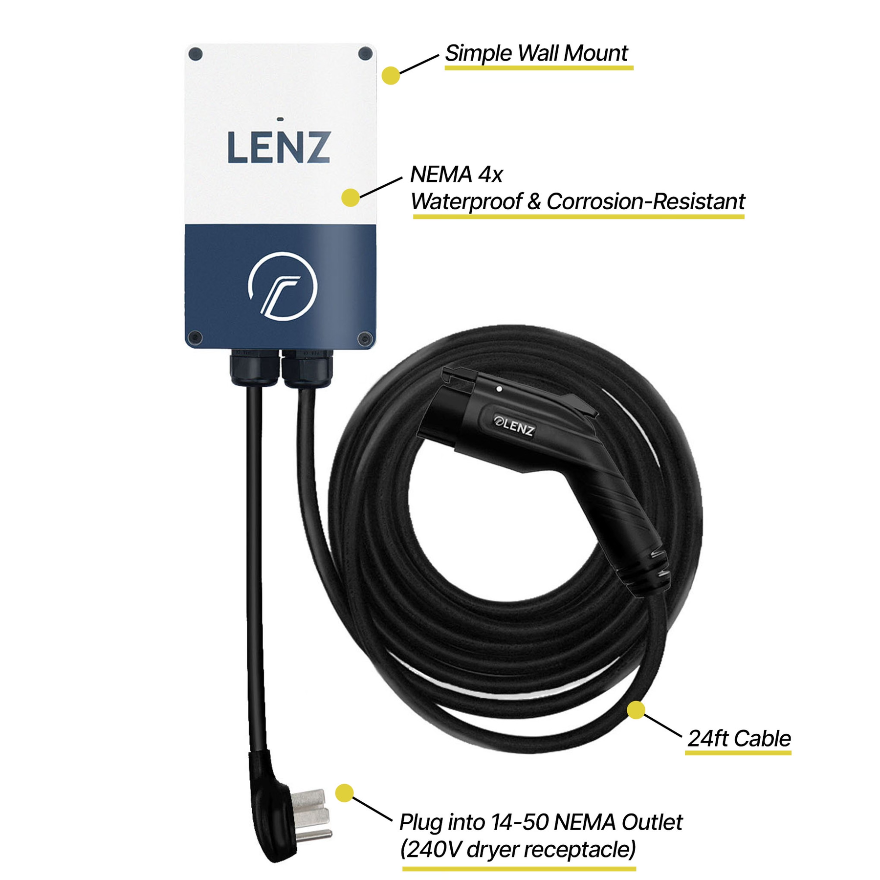 LENZ Level 2 Plugin 40 A Home Charger Weather-Proof Corrosion Resistant