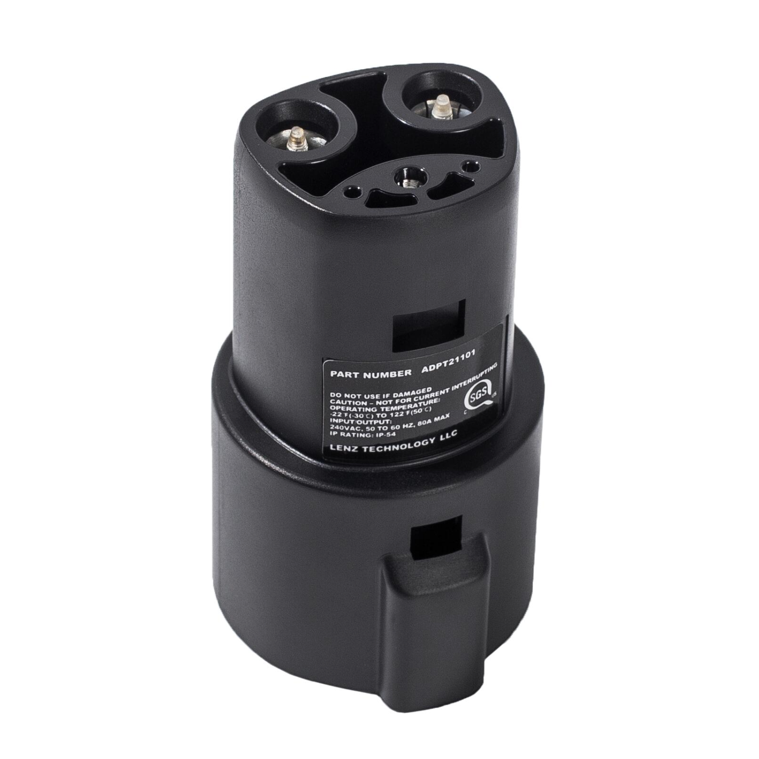 LENZ J1772 to Tesla Adapter with LENZ label indicating authentic manufactured product with SGS certification logo