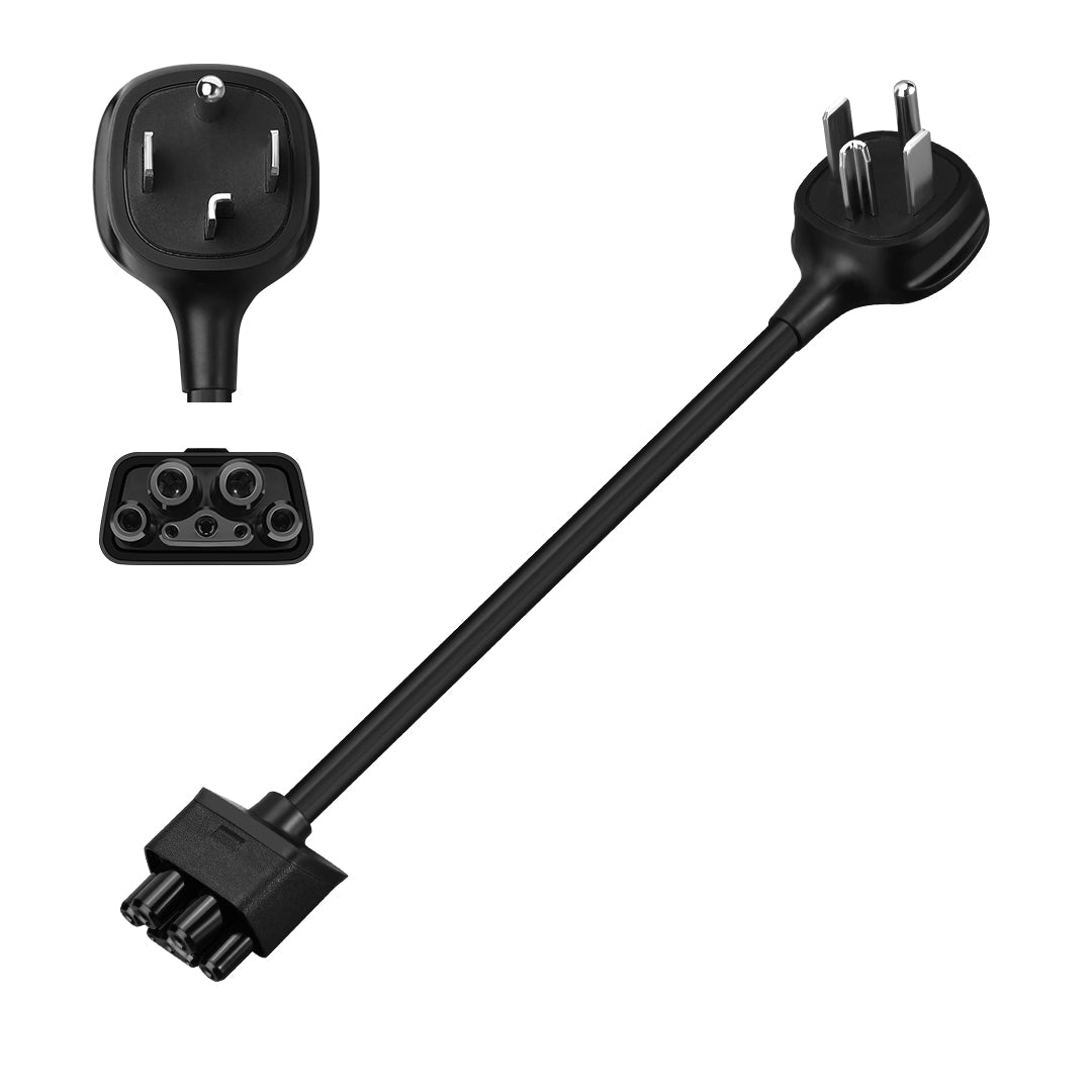 LENZ NEMA 14-30 Adapter for Tesla Gen 2 Mobile Connector with inset photo of outlet plug and connection port for Tesla Gen 2 Mobile Connector