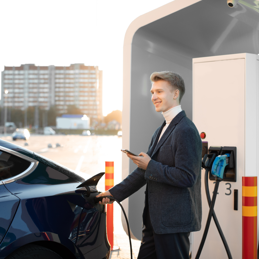 Man charging his electric vehicle at a charging station