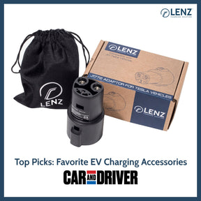 LENZ J1772 to Tesla Adapter Car and Driver Favorite EV Charging Accessories ships in protective box with convenient travel storage pouch