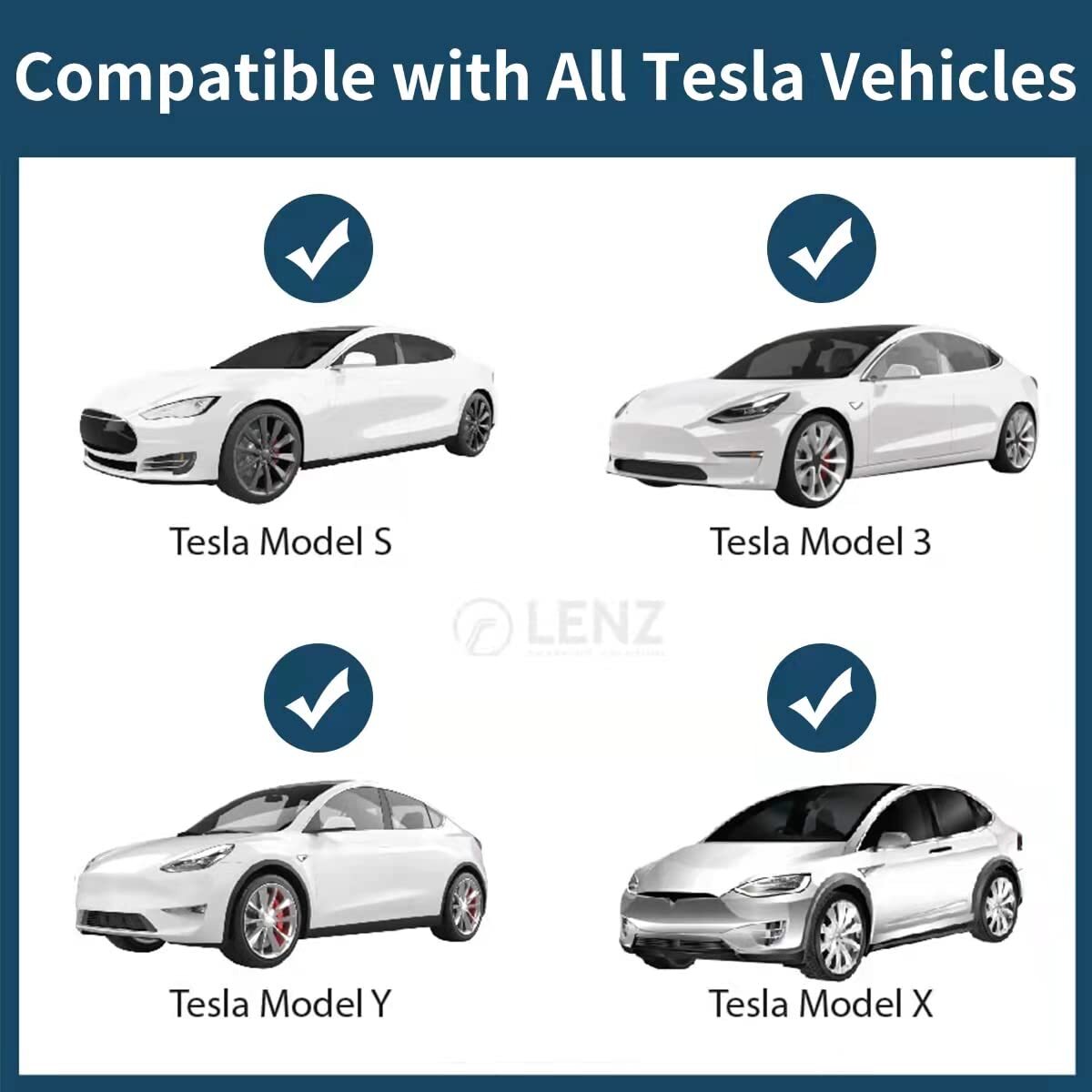 Four white Tesla Models (S, 3, Y, and X) showing compatibility