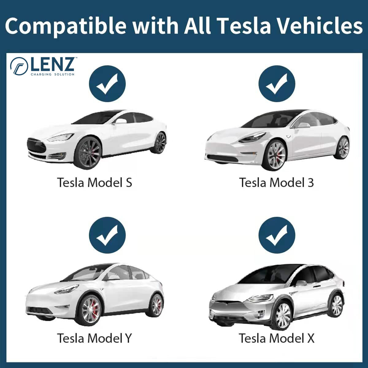 Four white Tesla Models (S, 3, Y, and X) showing LENZ J1772 to Tesla is compatible with all 4 models of Tesla