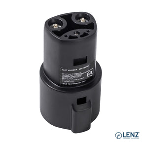 LENZ J1772 to Tesla Adapter with LENZ label indicating authentic manufactured product with SGS certification logo