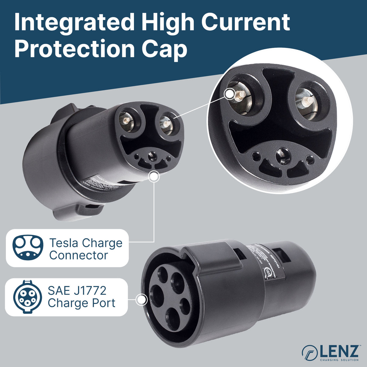 LENZ J1772 to Tesla Adapter close-up of integrated high current protection cap and SAE J1772 to charging port