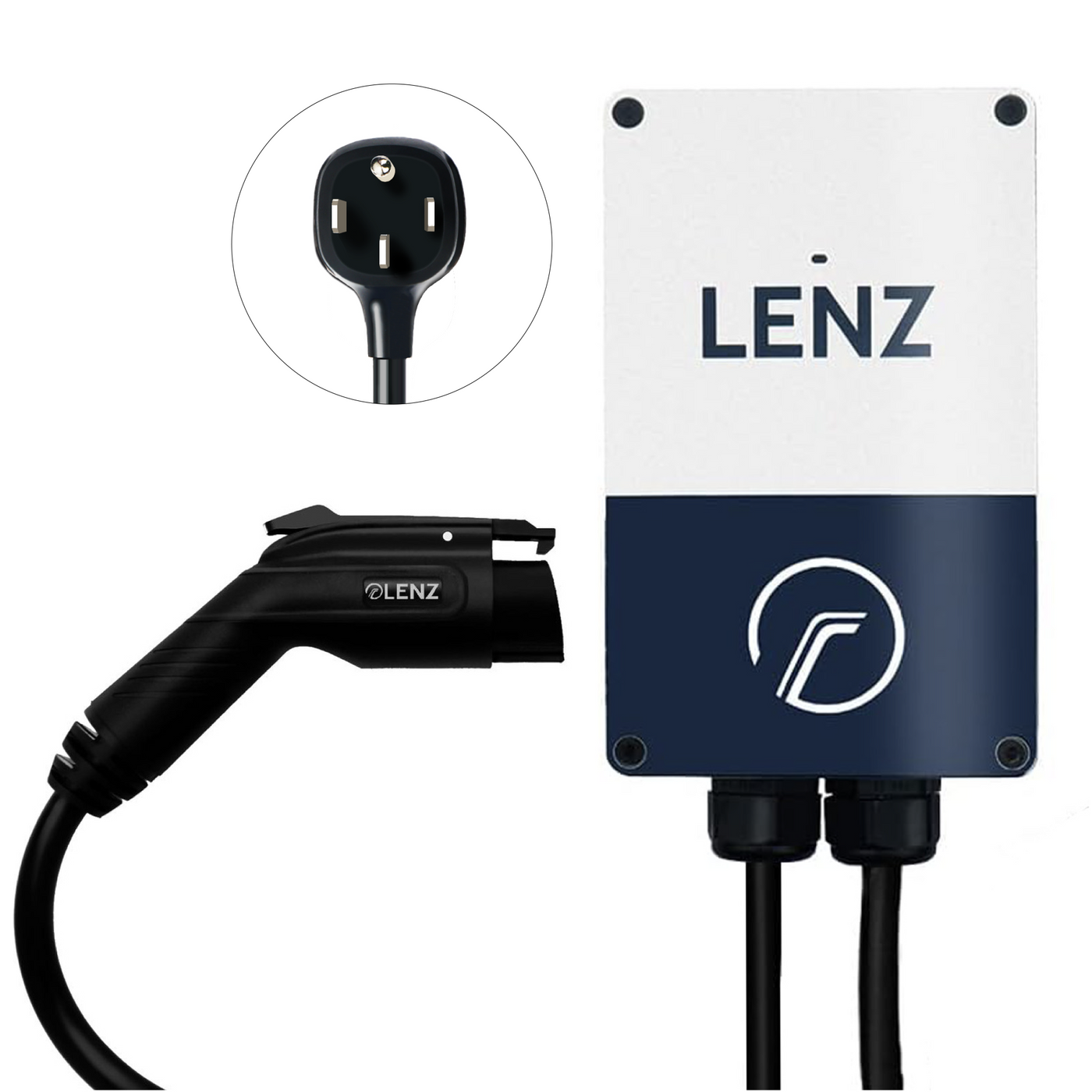 LENZ Level 2 Plugin Home Charger with view of 240 volt NEMA 14-50 plug and J1772 charging connector