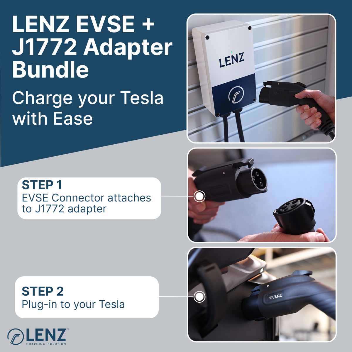 Home Charging Bundle (Charge either Tesla or non-Tesla EV): LENZ Level-2 40A Plugin Charger + J1772 to Tesla Adapter. Perfect combo for homes with Tesla and non-Tesla EVs.