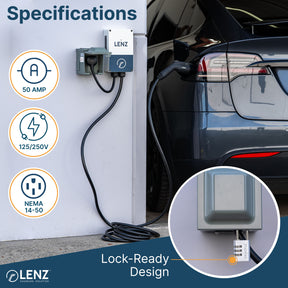 Outdoor Level 2 EV Charger Bundle: LENZ EV Charging Station with Weatherproof Outlet Box, 40A, 240V, ETL Certified, Compatible with all EVs