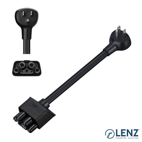 LENZ NEMA 5-15 Adapter for Tesla Gen 2 Mobile Connector with inset photo of outlet plug and connection port for Tesla Gen 2 Mobile Connector