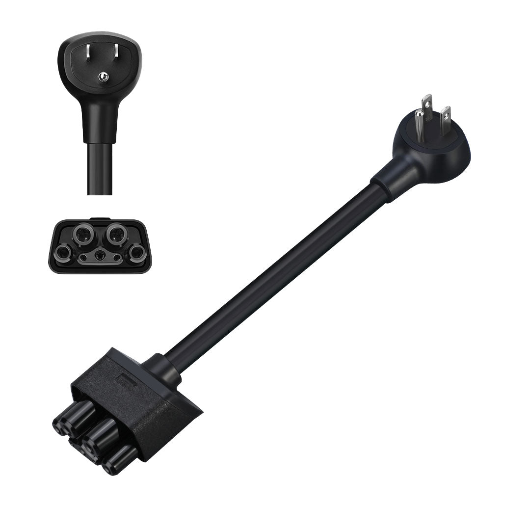 LENZ NEMA 5-15 Adapter for Tesla Gen 2 Mobile Connector with inset photo of outlet plug and connection port for Tesla Gen 2 Mobile Connector