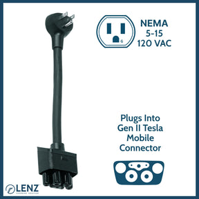 LENZ NEMA 5-15 Adapter is safety tested and certified by ETL (Intertek 5026085) and compatible with Tesla Gen 2 Mobile Connector ONLY