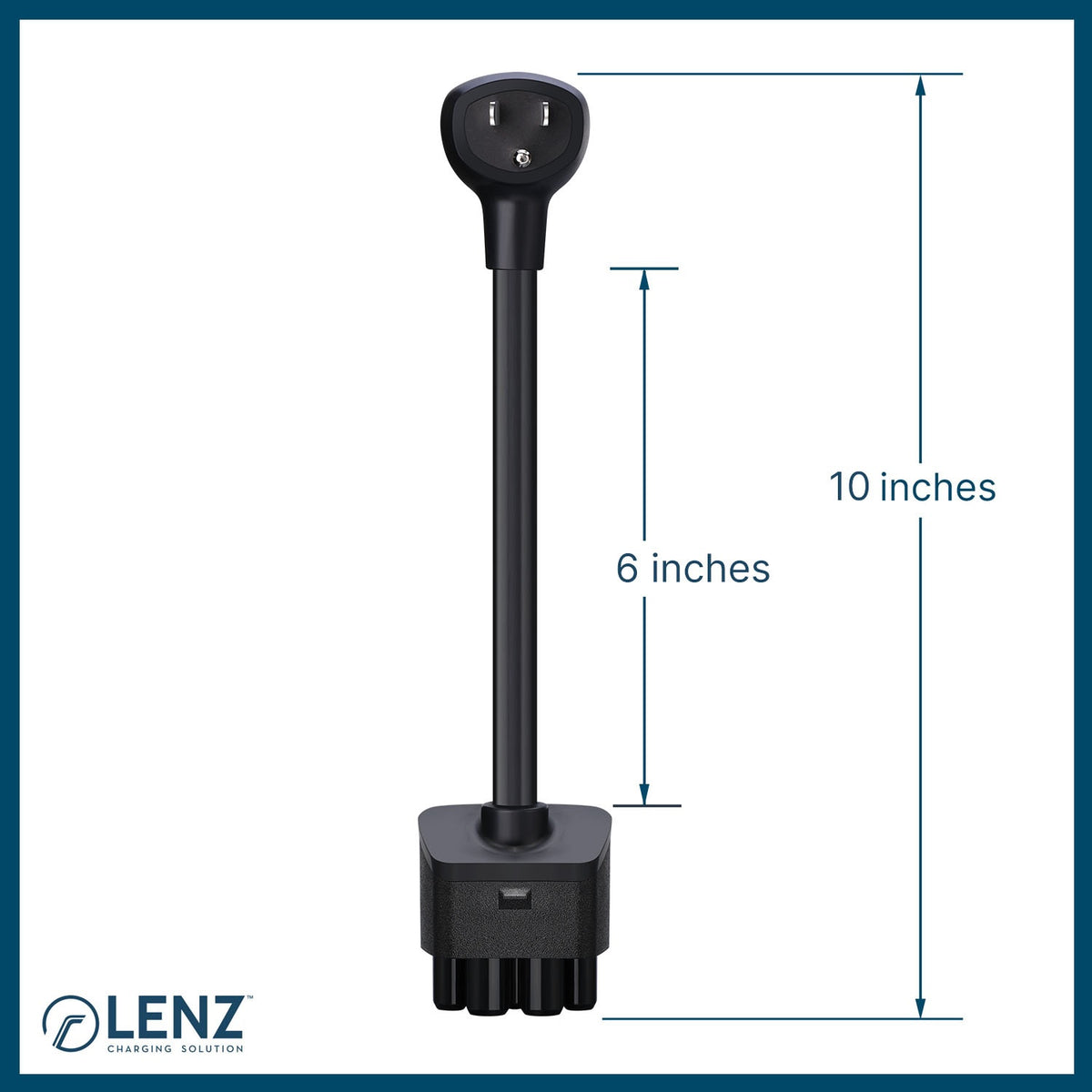 LENZ NEMA 5-15 Adapter for Tesla Gen 2 Mobile Connector measures 10 inches end-to-end. A longer extended 14 inch version is available.