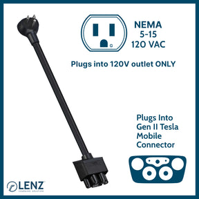 NEMA Adapter Compatible with Tesla Gen 2 Mobile Charger (5-15) 14" Length