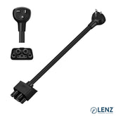 LENZ NEMA 6-20 Adapter for Tesla Gen 2 Mobile Connector with inset photo of outlet plug and connection port for Tesla Gen 2 Mobile Connector