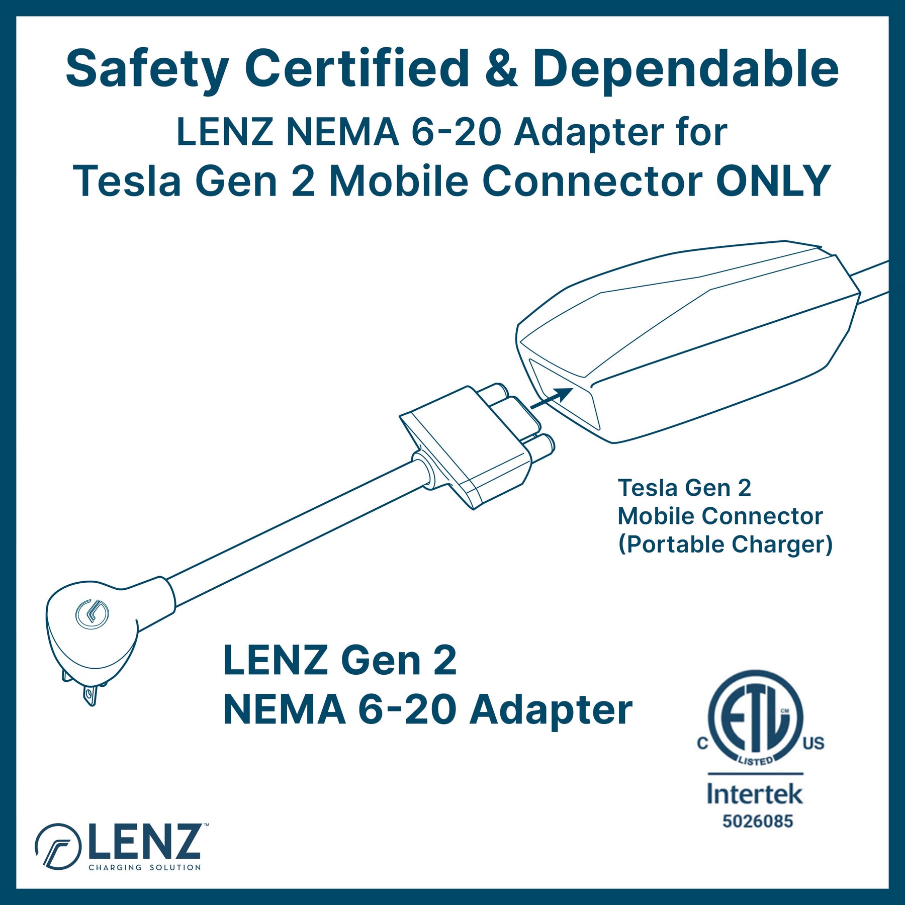 LENZ NEMA 6-20 Adapter is safety tested and certified by ETL (Intertek 5026085) and compatible with Tesla Gen 2 Mobile Connector ONLY