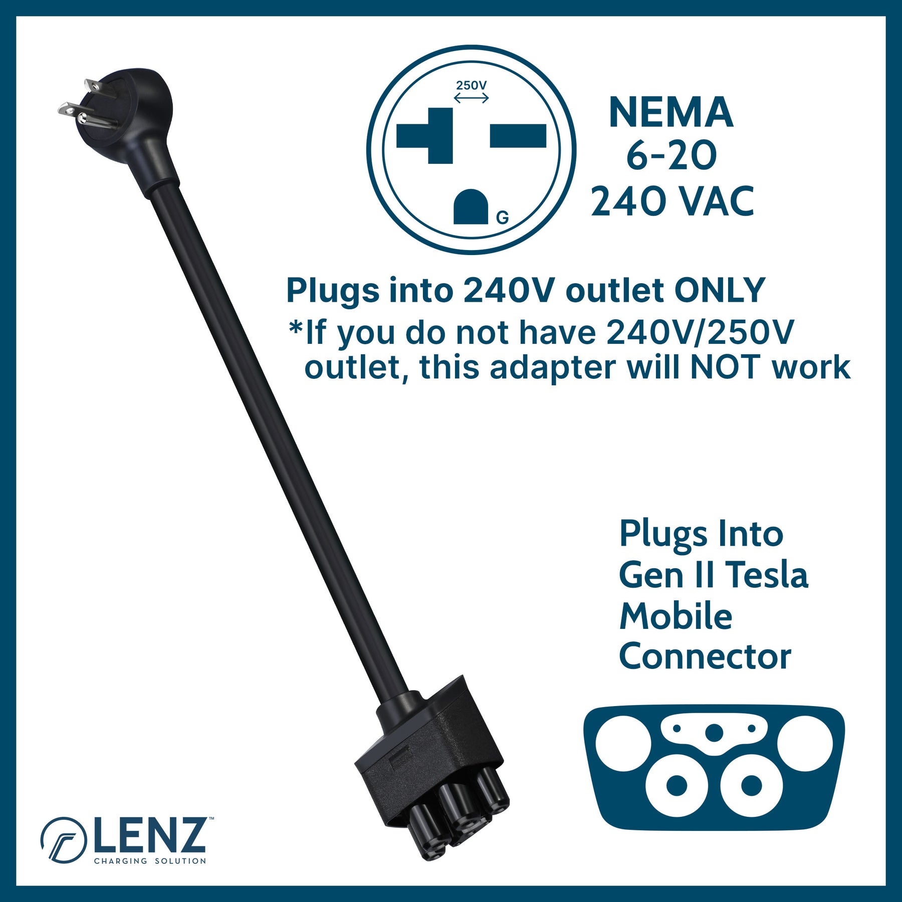 LENZ 6-20 NEMA Adapter plugs into 240v 6-20 type outlet and connects to Gen 2 Tesla Mobile Connector