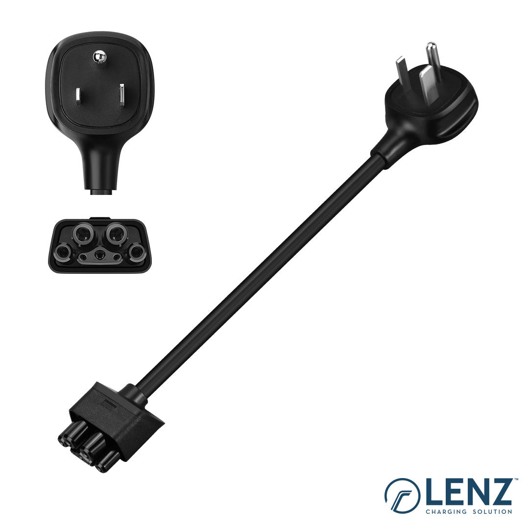 LENZ NEMA 6-50 Adapter for Tesla Gen 2 Mobile Connector with inset photo of outlet plug and connection port for Tesla Gen 2 Mobile Connector