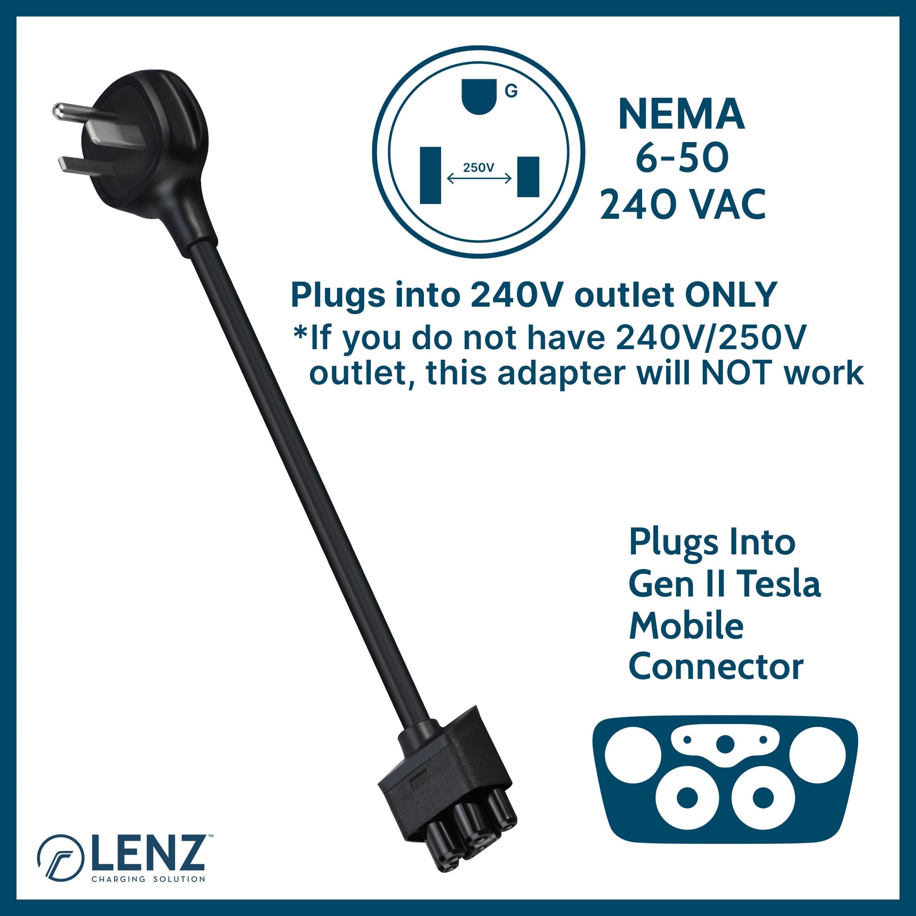 LENZ 6-50 NEMA Adapter plugs into 240v 6-50 type outlet and connects to Gen 2 Tesla Mobile Connector