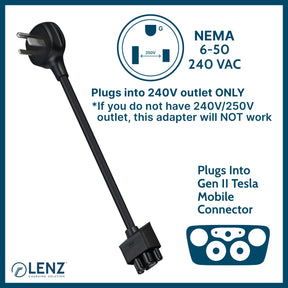 LENZ 6-50 NEMA Adapter plugs into 240v 6-50 type outlet and connects to Gen 2 Tesla Mobile Connector