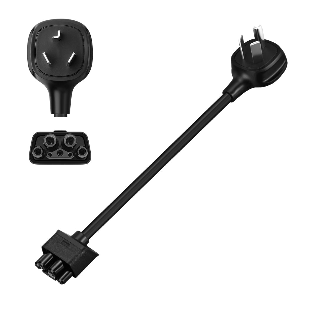LENZ NEMA 10-30 Adapter for Tesla Gen 2 Mobile Connector with inset photo of outlet plug and connection port for Tesla Gen 2 Mobile Connector