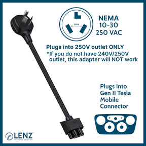 LENZ 10-30 NEMA Adapter plugs into 240v 10-30 outlet configuration and connects to Gen 2 Tesla Mobile Connector