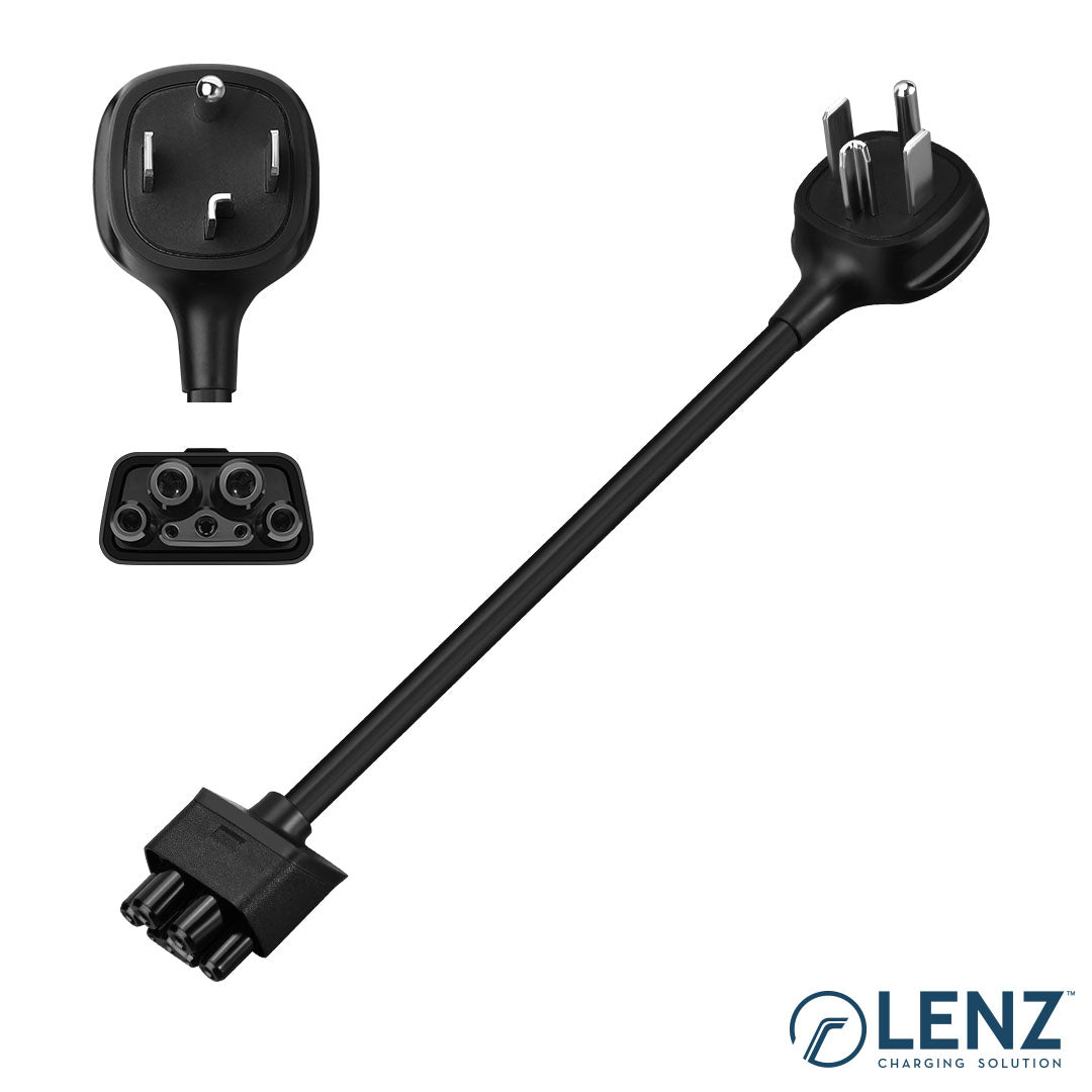 LENZ NEMA 14-30 Adapter for Tesla Gen 2 Mobile Connector with inset photo of outlet plug and connection port for Tesla Gen 2 Mobile Connector