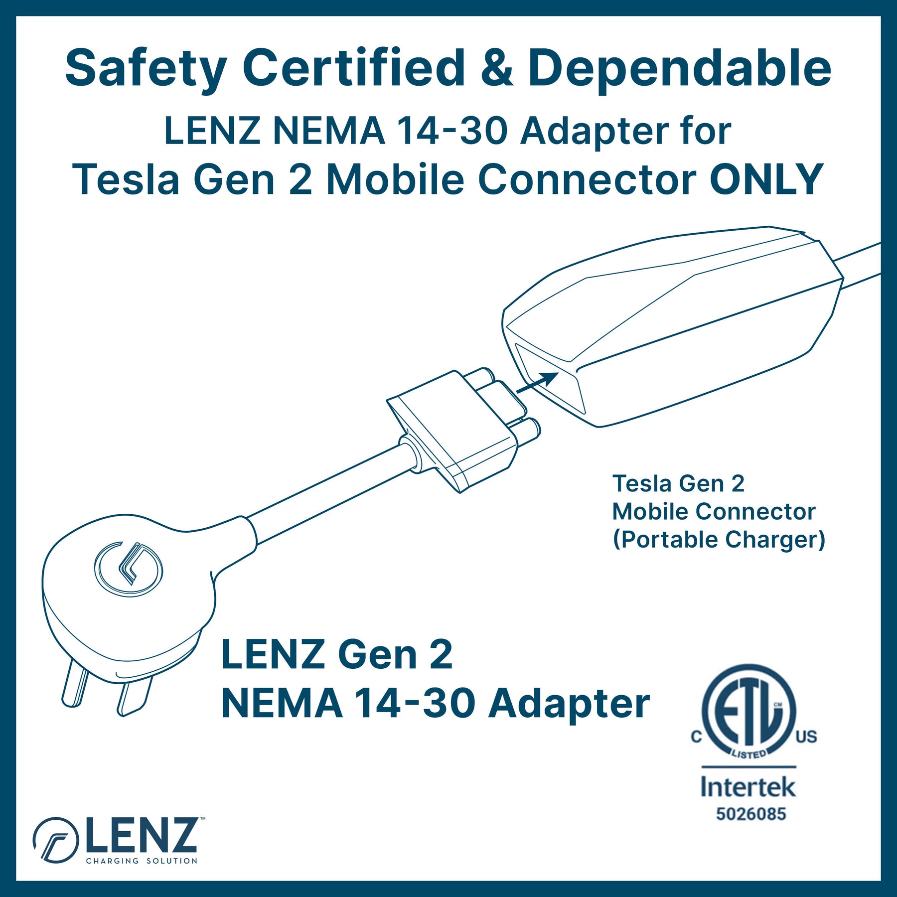 LENZ NEMA 14-30 Adapter is safety tested and certified by ETL (Intertek 5026085) and compatible with Tesla Gen 2 Mobile Connector ONLY