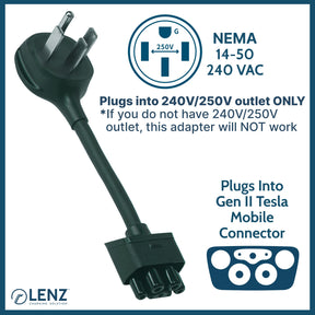 LENZ 14-50 NEMA Adapter plugs into 240v 14-50 outlet configuration and connects to Gen 2 Tesla Mobile Connector