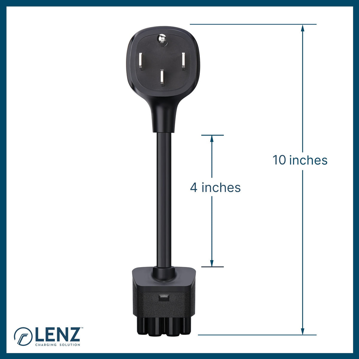 LENZ NEMA 14-50 Adapter for Tesla Gen 2 Mobile Connector Measures 10 inches end-to-end. A longer 16 inch extended version is available.