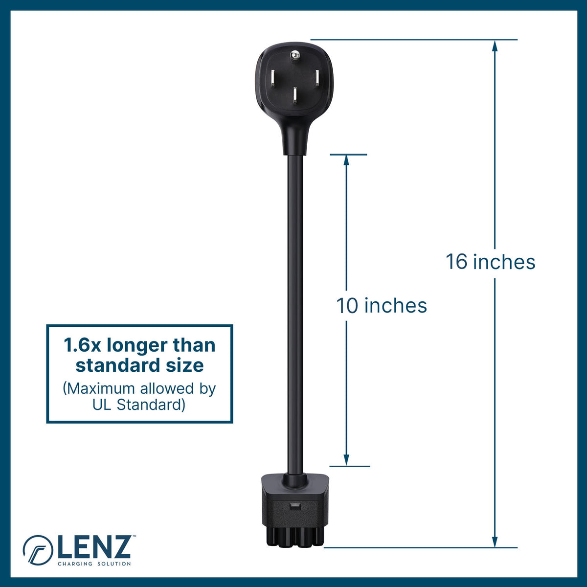 LENZ NEMA 14-50 Adapter for Tesla Gen 2 Mobile Connector Measures 16 inches end-to-end. A shorter 10 inch standard version is available. 