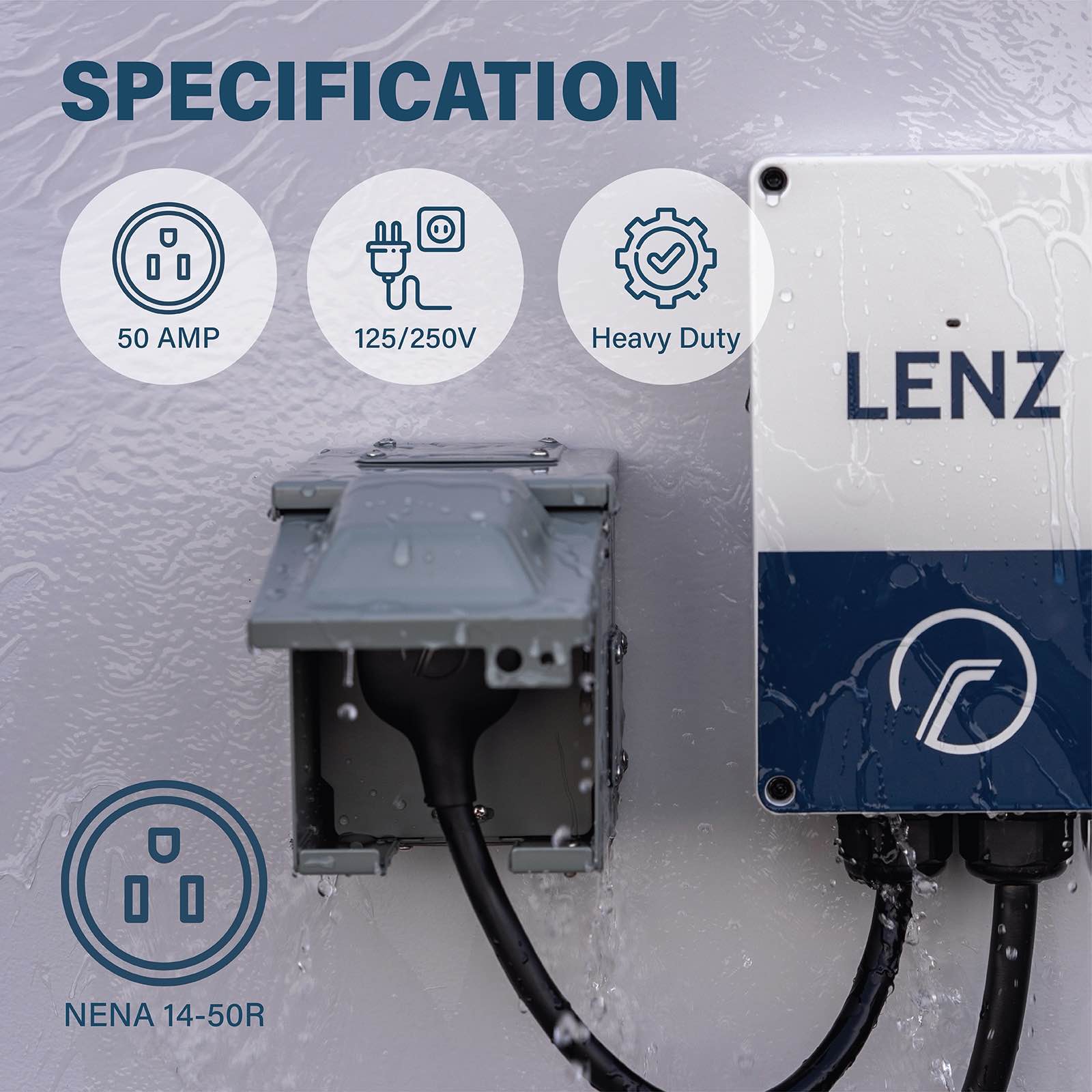 LENZ 50 Amp 125/250V NEMA 14-50 Power Outlet Box, Weatherproof Lockable Receptacle, ETL Safety Certified, for EVs RV Camper Trailer Home